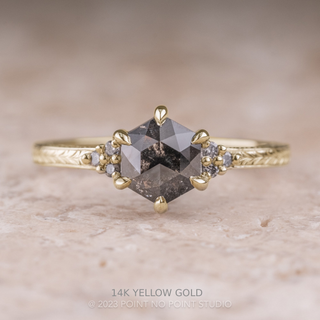 1.17 Carat Black Speckled Hexagon Engagement Ring, Engraved Quinn Setting