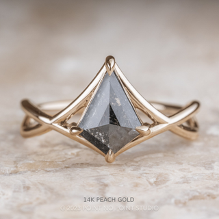 1.40 Carat Black Salt and Pepper Diamond Engagement Ring, Woven Split Shank Jane Setting, Point No Point Studio. Available in a variety of metal types. Eco-friendly, Recycled Metals, Conflict Free.
