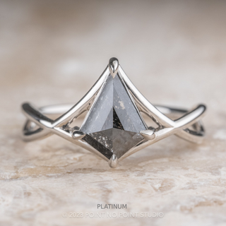 1.40 Carat Black Salt and Pepper Diamond Engagement Ring, Woven Split Shank Jane Setting, Point No Point Studio. Available in a variety of metal types. Eco-friendly, Recycled Metals, Conflict Free.