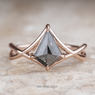 1.40 Carat Black Salt and Pepper Diamond Engagement Ring, Woven Split Shank Jane Setting, Point No Point Studio. Available in a variety of metal types. Eco-friendly, Recycled Metals, Conflict Free.