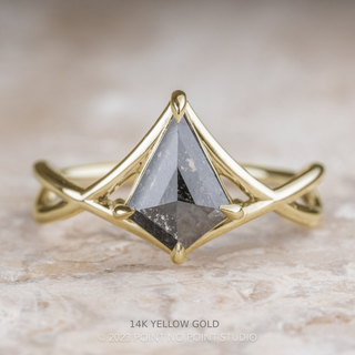 1.40 Carat Black Salt and Pepper Diamond Engagement Ring, Woven Split Shank Jane Setting, Point No Point Studio. Available in a variety of metal types. Eco-friendly, Recycled Metals, Conflict Free.