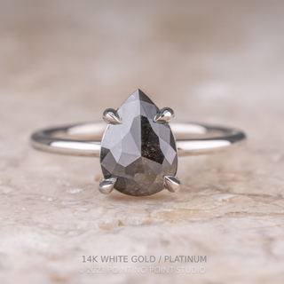 2.30 Carat Black Pear Diamond Engagement Ring, Tulip Basket Jane Setting, Point No Point Studio. Available in a variety of metal types. Eco-friendly, Recycled Metals, Conflict Free.