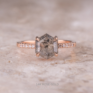 1.72 Carat Salt and Pepper Hexagon Diamond Engagement Ring, Jules Setting, Point No Point Studio. Available in a variety of metal types. Eco-friendly, Recycled Metals, Conflict Free.