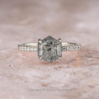 1.72 Carat Salt and Pepper Hexagon Diamond Engagement Ring, Jules Setting, Point No Point Studio. Available in a variety of metal types. Eco-friendly, Recycled Metals, Conflict Free.