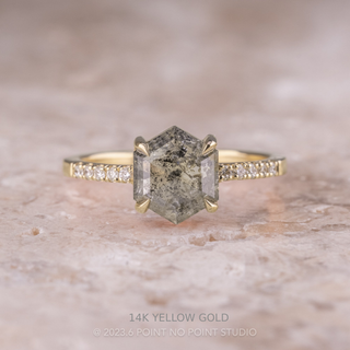 1.72 Carat Salt and Pepper Hexagon Diamond Engagement Ring, Jules Setting, Point No Point Studio. Available in a variety of metal types. Eco-friendly, Recycled Metals, Conflict Free.
