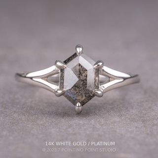1.37 Carat Black Salt and Pepper Hexagon Diamond Engagement Ring, Split Shank Jane, Point No Point Studio. Available in a variety of metal types. Eco-friendly, Recycled Metals, Conflict Free.