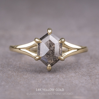 1.37 Carat Black Salt and Pepper Hexagon Diamond Engagement Ring, Split Shank Jane, Point No Point Studio. Available in a variety of metal types. Eco-friendly, Recycled Metals, Conflict Free.