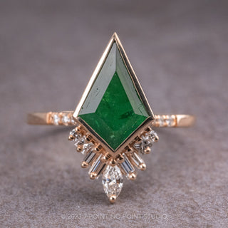 2.28 Carat Emerald Kite and Diamond Engagement Ring, Bezel Wren Setting, 14K Rose Gold