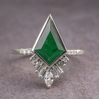 2.28 Carat Emerald Kite and Diamond Engagement Ring, Bezel Wren Setting, Platinum