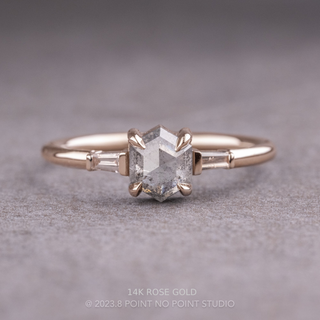 1.01 Carat Salt and Pepper Hexagon Diamond Engagement Ring, Zoe Setting, Point No Point Studio. Available in a variety of metal types. Eco-friendly, Recycled Metals, Conflict Free.