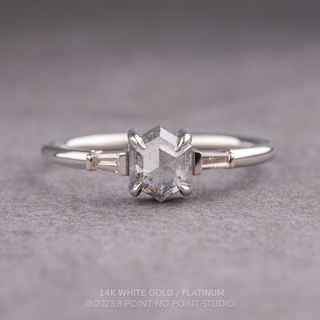 1.01 Carat Salt and Pepper Hexagon Diamond Engagement Ring, Zoe Setting, Point No Point Studio. Available in a variety of metal types. Eco-friendly, Recycled Metals, Conflict Free.