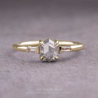 1.01 Carat Salt and Pepper Hexagon Diamond Engagement Ring, Zoe Setting, Point No Point Studio. Available in a variety of metal types. Eco-friendly, Recycled Metals, Conflict Free.