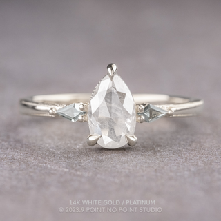 1.31 Carat Icy White Pear Diamond Engagement Ring, Vintage Zoe Setting, Point No Point Studio. Available in a variety of metal types. Eco-friendly, Recycled Metals, Conflict Free.