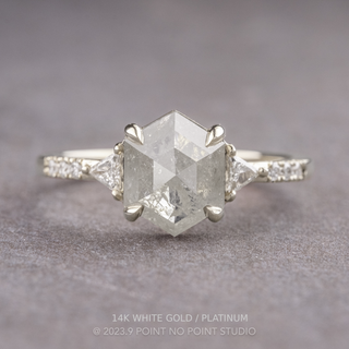 1.56 Carat Icy White Hexagon Diamond Engagement Ring, Eliza Setting, Point No Point Studio. Available in a variety of metal types. Eco-friendly, Recycled Metals, Conflict Free.