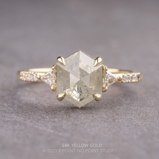 1.56 Carat Icy White Hexagon Diamond Engagement Ring, Eliza Setting, Point No Point Studio. Available in a variety of metal types. Eco-friendly, Recycled Metals, Conflict Free.