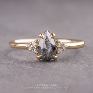 1 Carat Salt and Pepper Pear Diamond Engagement Ring, Quinn Setting, Point No Point Studio. Available in a variety of metal types. Eco-friendly, Recycled Metals, Conflict Free.