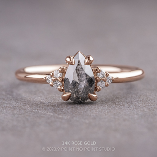 1 Carat Salt and Pepper Pear Diamond Engagement Ring, Quinn Setting, Point No Point Studio. Available in a variety of metal types. Eco-friendly, Recycled Metals, Conflict Free.
