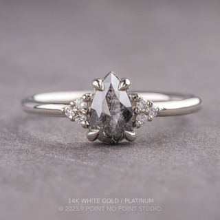 1 Carat Salt and Pepper Pear Diamond Engagement Ring, Quinn Setting, Point No Point Studio. Available in a variety of metal types. Eco-friendly, Recycled Metals, Conflict Free.