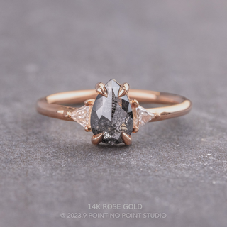 .87 Carat Salt and Pepper Pear Diamond Engagement Ring, Zoe Setting, Point No Point Studio. Available in a variety of metal types. Eco-friendly, Recycled Metals, Conflict Free.