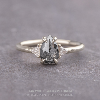 .87 Carat Salt and Pepper Pear Diamond Engagement Ring, Zoe Setting, Point No Point Studio. Available in a variety of metal types. Eco-friendly, Recycled Metals, Conflict Free.