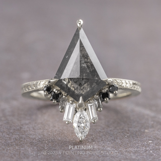 1.77 Carat Salt and Pepper Kite Diamond Engagement Ring, Engraved Ombre Wren Setting