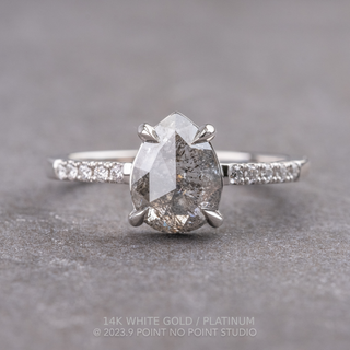 1.61 Carat Salt and Pepper Pear Diamond Engagement Ring, Jules Setting, Point No Point Studio. Available in a variety of metal types. Eco-friendly, Recycled Metals, Conflict Free.