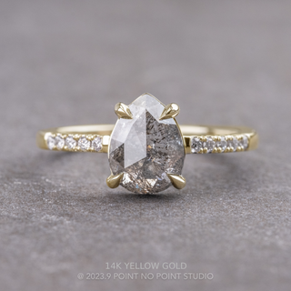 1.61 Carat Salt and Pepper Pear Diamond Engagement Ring, Jules Setting, Point No Point Studio. Available in a variety of metal types. Eco-friendly, Recycled Metals, Conflict Free.
