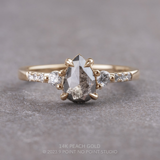 .97 Carat Salt and Pepper Pear Diamond Engagement Ring, Eliza Setting, Point No Point Studio. Available in a variety of metal types. Eco-friendly, Recycled Metals, Conflict Free.