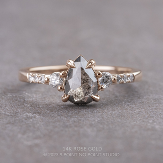 .97 Carat Salt and Pepper Pear Diamond Engagement Ring, Eliza Setting, Point No Point Studio. Available in a variety of metal types. Eco-friendly, Recycled Metals, Conflict Free.