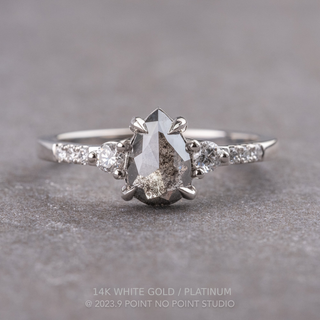 .97 Carat Salt and Pepper Pear Diamond Engagement Ring, Eliza Setting, Point No Point Studio. Available in a variety of metal types. Eco-friendly, Recycled Metals, Conflict Free.