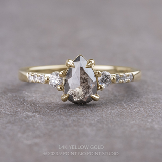 .97 Carat Salt and Pepper Pear Diamond Engagement Ring, Eliza Setting, Point No Point Studio. Available in a variety of metal types. Eco-friendly, Recycled Metals, Conflict Free.