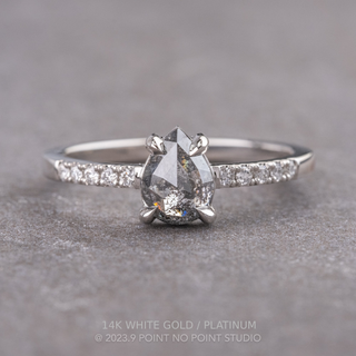 1.25 Carat Salt and Pepper Pear Diamond Engagement Ring, Jules Setting, Point No Point Studio. Available in a variety of metal types. Eco-friendly, Recycled Metals, Conflict Free.