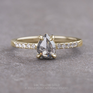 1.25 Carat Salt and Pepper Pear Diamond Engagement Ring, Jules Setting, Point No Point Studio. Available in a variety of metal types. Eco-friendly, Recycled Metals, Conflict Free.