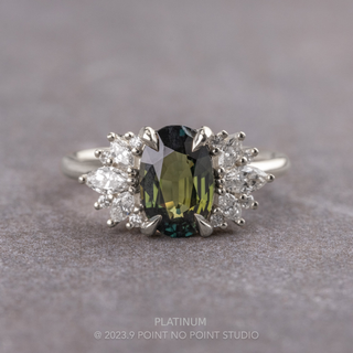 2.53 Carat Teal Oval Sapphire and Diamond Engagement Ring, Monarch Setting, Point No Point Studio. Available in a variety of metal types. Eco-friendly, Recycled Metals, Conflict Free.