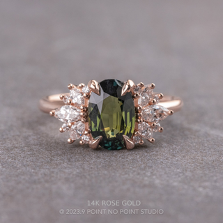 2.53 Carat Teal Oval Sapphire and Diamond Engagement Ring, Monarch Setting, Point No Point Studio. Available in a variety of metal types. Eco-friendly, Recycled Metals, Conflict Free.