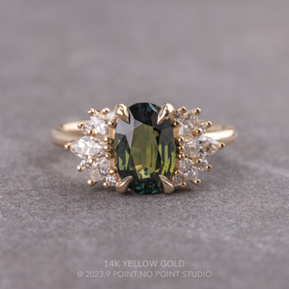 2.53 Carat Teal Oval Sapphire and Diamond Engagement Ring, Monarch Setting, Point No Point Studio. Available in a variety of metal types. Eco-friendly, Recycled Metals, Conflict Free.