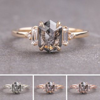 1.99 Carat Black Salt and Pepper Hexagon Diamond Engagement Ring, Betty Setting