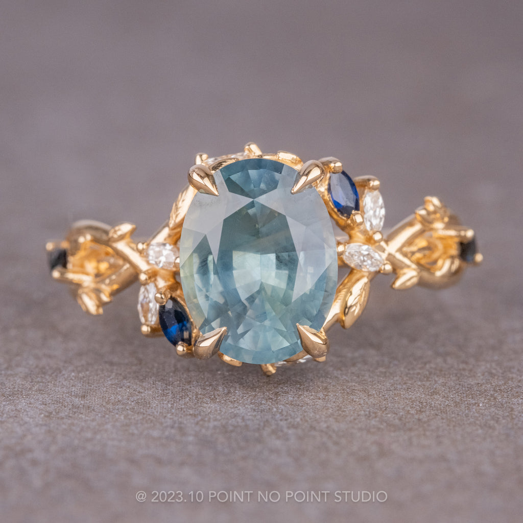 Oval Montana Sapphire and Diamond Engagement Ring, Point No Point Studio