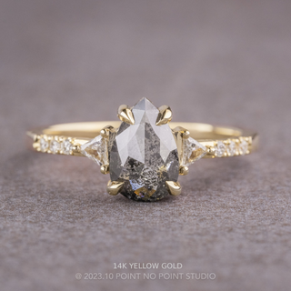 1.16 Carat Salt and Pepper Pear Diamond Engagement Ring, Eliza Setting, Point No Point Studio. Available in a variety of metal types. Eco-friendly, Recycled Metals, Conflict Free.