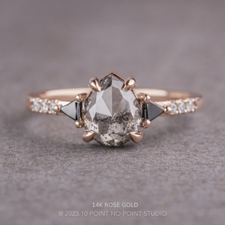 1.89 Carat Salt and Pepper Pear Diamond Engagement Ring, Eliza Setting, Point No Point Studio. Available in a variety of metal types. Eco-friendly, Recycled Metals, Conflict Free.