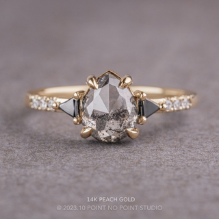 1.89 Carat Salt and Pepper Pear Diamond Engagement Ring, Eliza Setting, Point No Point Studio. Available in a variety of metal types. Eco-friendly, Recycled Metals, Conflict Free.