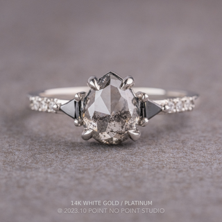 1.89 Carat Salt and Pepper Pear Diamond Engagement Ring, Eliza Setting, Point No Point Studio. Available in a variety of metal types. Eco-friendly, Recycled Metals, Conflict Free.