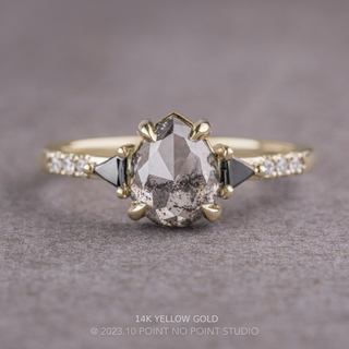 1.89 Carat Salt and Pepper Pear Diamond Engagement Ring, Eliza Setting, Point No Point Studio. Available in a variety of metal types. Eco-friendly, Recycled Metals, Conflict Free.
