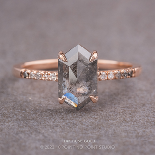 1.29 Carat Black Salt and Pepper Hexagon Diamond Engagement Ring, Ombre Jules Setting, Point No Point Studio. Available in a variety of metal types. Eco-friendly, Recycled Metals, Conflict Free.