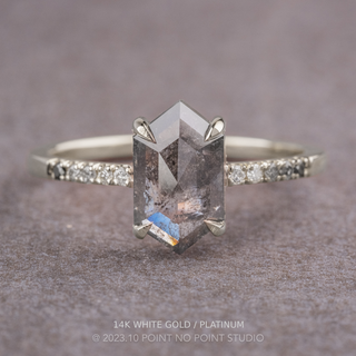 1.29 Carat Black Salt and Pepper Hexagon Diamond Engagement Ring, Ombre Jules Setting, Point No Point Studio. Available in a variety of metal types. Eco-friendly, Recycled Metals, Conflict Free.