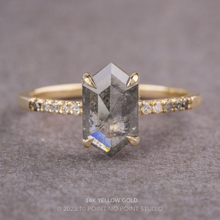 1.29 Carat Black Salt and Pepper Hexagon Diamond Engagement Ring, Ombre Jules Setting, Point No Point Studio. Available in a variety of metal types. Eco-friendly, Recycled Metals, Conflict Free.