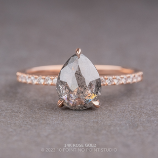 1.74 Carat Salt and Pepper Pear Diamond Engagement Ring, Juliette Setting, Point No Point Studio. Available in a variety of metal types. Eco-friendly, Recycled Metals, Conflict Free.