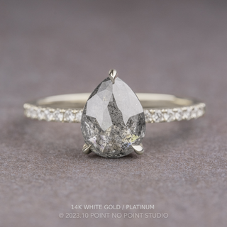 1.74 Carat Salt and Pepper Pear Diamond Engagement Ring, Juliette Setting, Point No Point Studio. Available in a variety of metal types. Eco-friendly, Recycled Metals, Conflict Free.