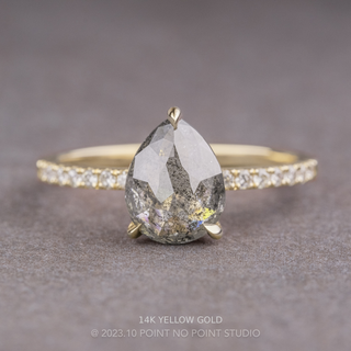 1.74 Carat Salt and Pepper Pear Diamond Engagement Ring, Juliette Setting, Point No Point Studio. Available in a variety of metal types. Eco-friendly, Recycled Metals, Conflict Free.