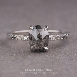 1.73 Carat Black Salt and Pepper Oval Diamond Engagement Ring, Ombre Jules Setting, Point No Point Studio. Available in a variety of metal types. Eco-friendly, Recycled Metals, Conflict Free.